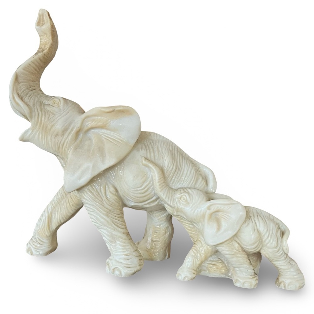 Signed Santini Elephant and Calf Good Luck Figure in Cream Resin